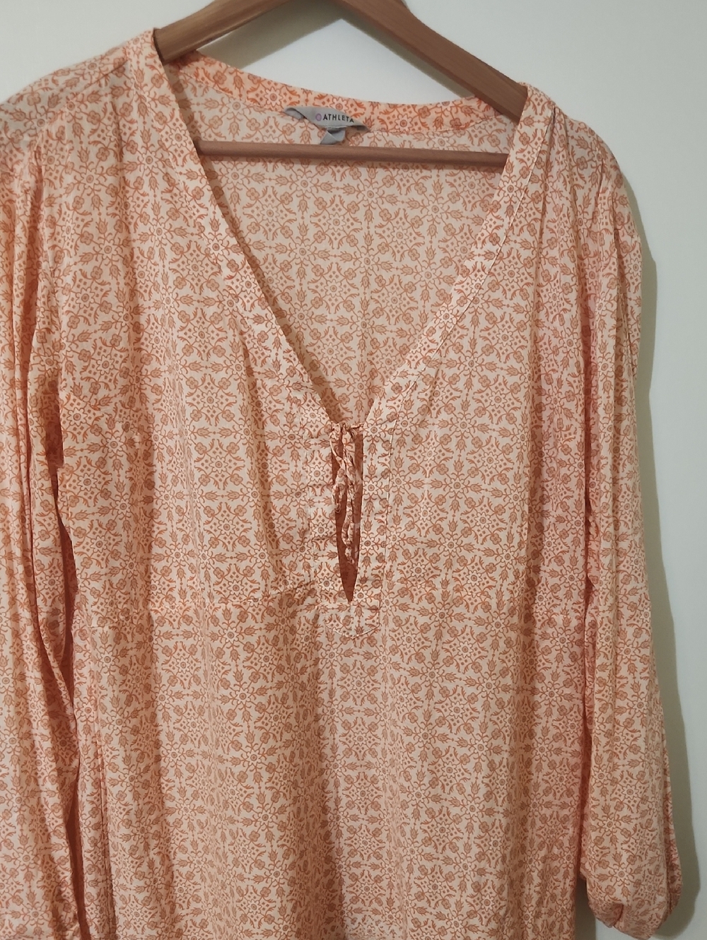 Athleta Peach-Printed V-Neck Tie Blouse